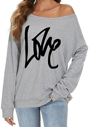 Womens Off The Shoulder Sweatshirts Long Sleeve Tops Pullover Sweater Casual Loose Blouse Fall Fashion (A Grey, M)