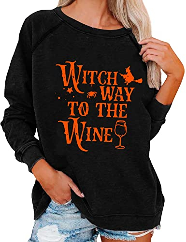 Halloween Pullover Damen Langram Frauen Pullover Halloween B Print Lässige langärmlige O-Ausschnitt Mode Warme Winter Sweatshirt Tops Kapuzenjacke Mädchen (Black, XXL)