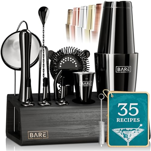 BARE BARREL® Cocktail Making Kit | 14-Piece Bartender Kit Cocktail Shaker Set Maker | Bamboo Display Stand & 35 Recipe Cards | Mixology Cocktail Gift Set (800ml/28oz Boston Shaker, Jet Black/Black)