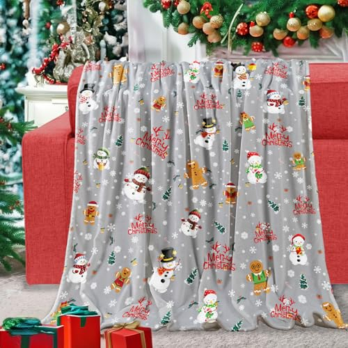 Kuscheldecke Weihnachten Grau Decke mit Schneemann Lebkuchenmann Weich Warm Plüsch Merry Christmas Flanell Fleece Wohndecke für Xmas Weihnachts Geschenke Winterurlaub Party Couch Bett Deko, 130x152cm