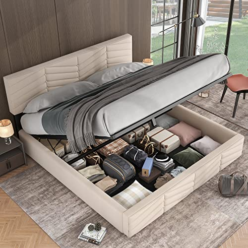 Kehun Polsterbett Doppelbett 180x200 cm, Bett mit Großer Stauraum, Stauraumbett mit Lattenrost aus Holz, Hydraulisches Metallrahmen Bettgestell, Samt, Beige, Ohne Matratze