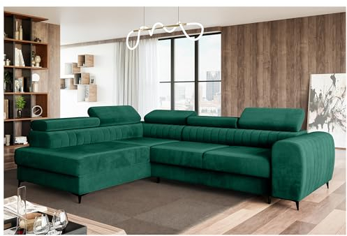 MEBLINI Schlafcouch mit Bettkasten - Ecksofa mit Schlaffunktion - Sofa mit Relaxfunktion und Kopfstützen - Couch L-Form - Eckcouch - Wohnlandschaft - Porto - 269x204x72cm Links - Grün Samt