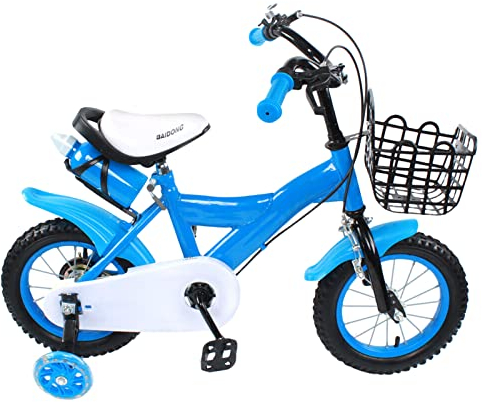 Zalydala 12 Zoll Kinderfahrrad für Kinder Jungen, 2-7 Jahre alt Fahrrad mit Stützrädern Klingeln Handbremse,Kohlenstoffstahl, Gelb, Rot, Blau (Blau)