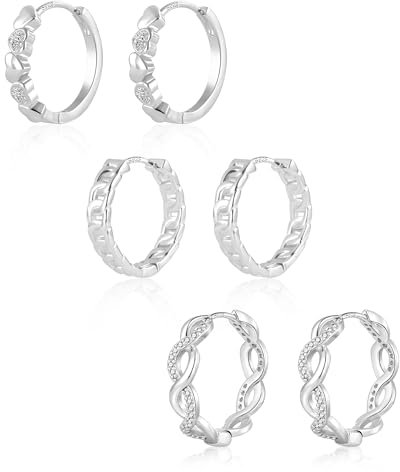 ALEXCRAFT Sterling Silver Hoop Earrings - Small Cartilage Huggie Hoop Earrings with Heart Twist Chain and Zircon Stones