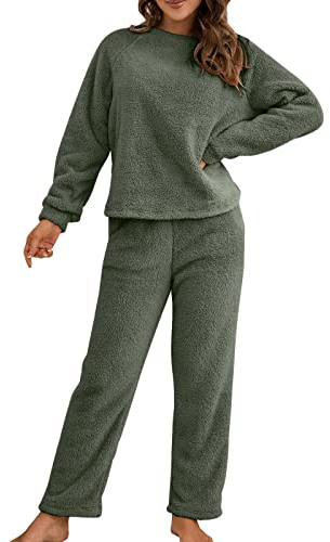 Damen Zweiteiler Top Hose Nachtwäsche Anzug Reine Farbe Langarm Winter Pullover Stricksets Damen Trainingsjacke (Green, S)