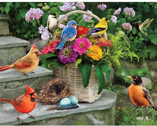 Bits and Pieces - 200 Piece Jigsaw Puzzle for Seniors - 15 x 19 - Birds on The Porch Steps - 200 pc Large Lettered Pieces Colorful Scenic Jigsaw