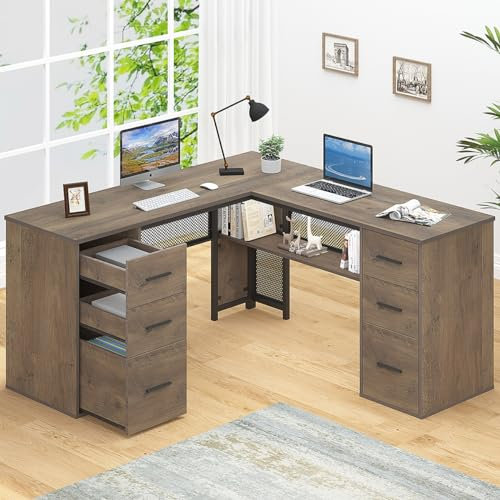 HSH Large L Shaped Desk with Storage File Cabinet，Corner L-Shaped Computer Desk with Drawers Shelves, Home Office Bedroom Metal Wood Study Writing Table Executive Workstation, Light Grey Oak, 59 Inch