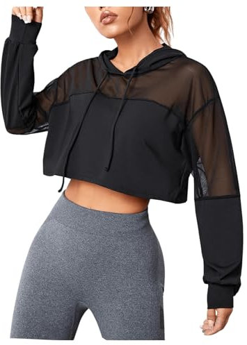 SweatyRocks Damen Crop Hoodie Pullover Sport Kurz Sweatshirts Langarm Oberteil Mesh Langarmshirts mit Kapuze Schwarz S