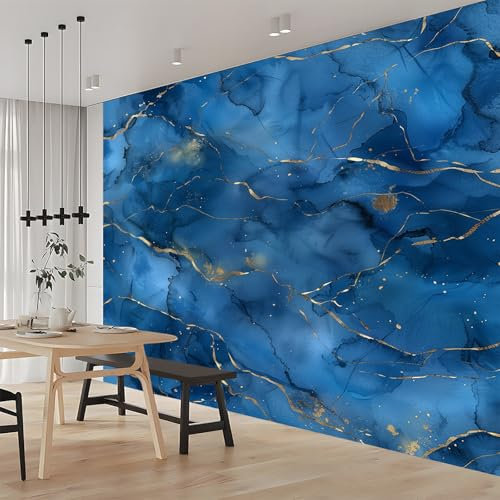 Fototapete 3D Effekt Marmor Abstraktes Muster Blau 350x256 cm Vliestapete Wohnzimmer Schlafzimmer Vlies Tapete Art Wandtapete UV-Beständig Wanddekoration Tapete