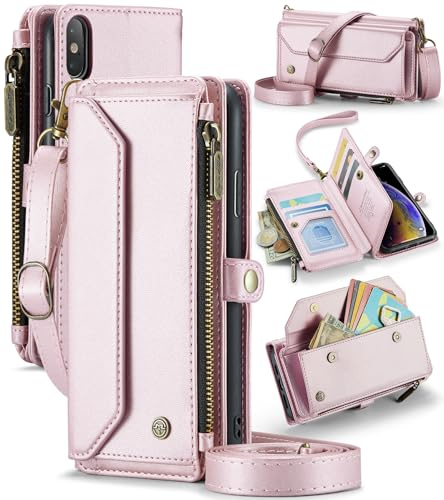 UFinetech for iPhone X Case, for iPhone XS Case, Crossbody Wallet Phone Case with RFID Blocking Kickstand Anti-Drop Wireless Charging Card Slots, PU Leather Shoulder Bag Clutch Adjustable Strap, Pink
