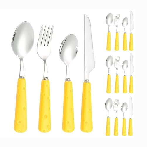 Light Luxury Cute Ceramic Cheese Handle Kitchen Stainless Steel Silverware Tableware Flatware Cutlery Set Steak Knife Fork Spoon Teaspoon (Yellow,16 Pieces)