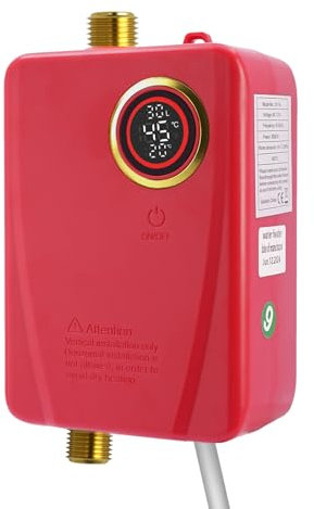 Charocean Mini Elektrische Durchlauferhitzer Küche 230v 3500w Elektrische Warmwasserbereiter mit LED Temperaturanzeige, Tankless Dusche Durchlauferhitzer für Bad, Küche, Waschrot (Rot)