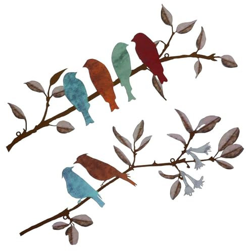Metal Bird Wall Art Decor, 2Pcs Metal Birds on Branch Wall Hanging Decoration,Garden Wall Art Outdoor Vivid Birds MetaL Bird Wall Arts,Hanging Pictures Wall Decor for Garden Balcony Home Ornament