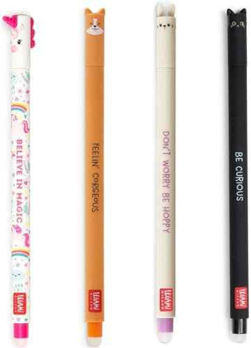 LEGAMI - 4er Set Gel-Radierstifte, Cute, Stifte mit radierbarer Tinte, Kätzchen, Einhorn, Häschen und Corgi-Hund Radierbar ohne Blatt zu verbrauchen, 0,7 mm Spitze