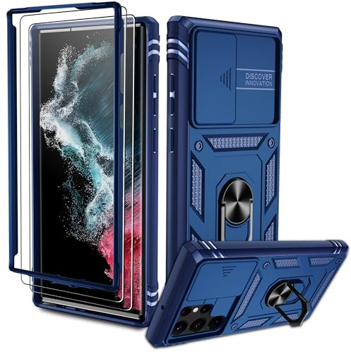 Pilaru für Samsung Galaxy S22 Ultra Hülle, S22 Ultra 5G Kameraschutz Handyhülle mit 2 Stück Schutzfolie, 360°Drehhalter Ring Schutzhülle Militär Kratzfest Stoßfest Handy Hüllen für S22 Ultra, Blau