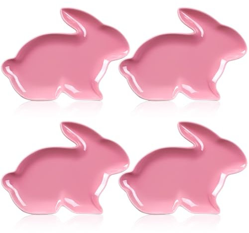 Jinei 4 Pcs Bunny Shaped Plates Ceramic Serving Candy Dishes Rabbit Dinner Tray Salad Dessert Appetizer Plates Dinnerware for Easter Party Spring Garden Tea Party Supplies(Pink)