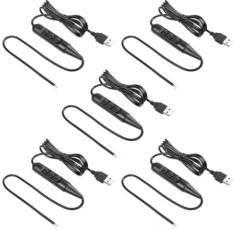SinLoon USB mâle avec interrupteur marche/arrêt aux extrémités dénudées 5 pièces USB 2.0 câble d'alimentation pour interrupteur de gradation à 6 vitesses, pour bandes LED petite lampe de table (Black)