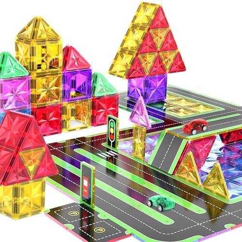 Lovchil 72PCS Magnetic Tiles Road Toppers Set for Kids Magnetic Building Blocks with 2 Cars Stronger Magnetics Toys Learning Educational Construction Toys for 3 4 5 6 7 8 Year Old Boys and Girls Gift