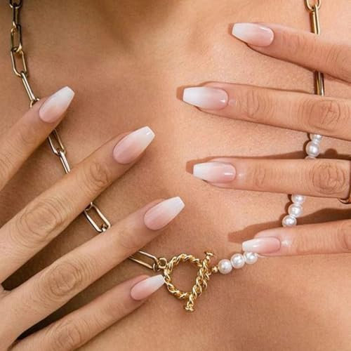 24Pcs White Gradient Coffin False Nails - Long French Ballerina Press On Tips with Glue - Nude Nail Manicure for Women