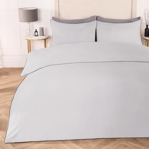 OHS Double Duvet Cover Set Piped Edge, Soft Cosy & Comfy Neutral Color Microfibre Decorative Black Piped Edge Double Bed Set & 2 Pillowcase, Silver/Grey-Double