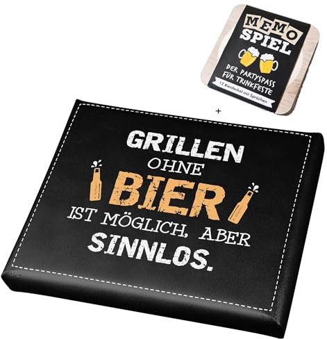 CULT at home Bierkasten Aufsatz Grillen ohne Bier – Gartenhocker Bierkastensitz inkl Bierdeckel Memospiel - Sitzauflage Bierkiste Getränkekiste - Hocker für Balkon Camping 44x34 cm Geschenk Vatertag