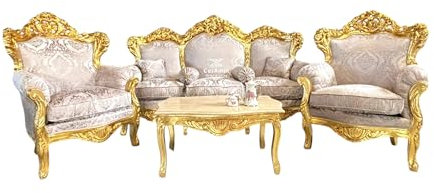 CasAmin Home & Living Sofagarnitur in Dunkelbeige Französisches Couchgarnitur im Louis XL Stil mit Goldfinish für die Hotellobby Barock Rokoko Salon Sofa als Wohnzimmer Dekoration
