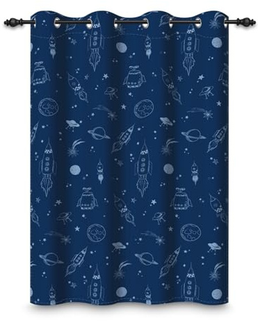 ggaimwf 135x175cm Cartoon Weltraum Ösenvorhang für Jungenzimmer Marineblauer Planet Raketenuniversum Verdunkelungsvorhänge mit Thermo-Ösen für Fenster, für Spielzimmer und Wohnzimmer,1-Einzelpaneel