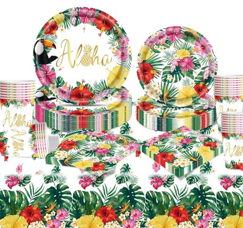 Moerstar Fournitures de fête hawaïennes, ensemble de vaisselle à fleurs tropicales hawaïennes avec assiettes en papier, serviettes, tasses, nappes, décorations de fête d'été (style 1)