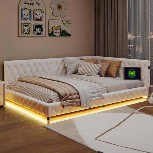 ZHDOKA Gepolstertes Schlafsofa 140 x 200 cm, mit LED-Beleuchtung und USB-Anschluss, multifunktionales Schlafsofa mit Lattenrost, für Kinder, Erwachsene, Gäste, Jugendliche und Mädchen, Samtstoff