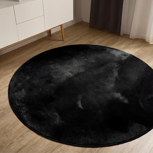 benuta Basic Kunstfaser Fellteppich Furry - Schwarz rund 160 cm - Weicher Wohnzimmerteppich - Anti-Rutsch-Rückseite - Waschbar - Für Fußbodenheizung geeignet