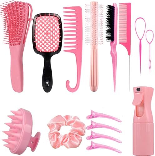 FREECOZYER Hair Brush Set, 15 Pcs Comb Tools with Spray Bottle, Edges Comb, Curly Hair Brush, Round Brush, Scalp Brush And Hair Clips,Hair Care Styling Tools (Pink)