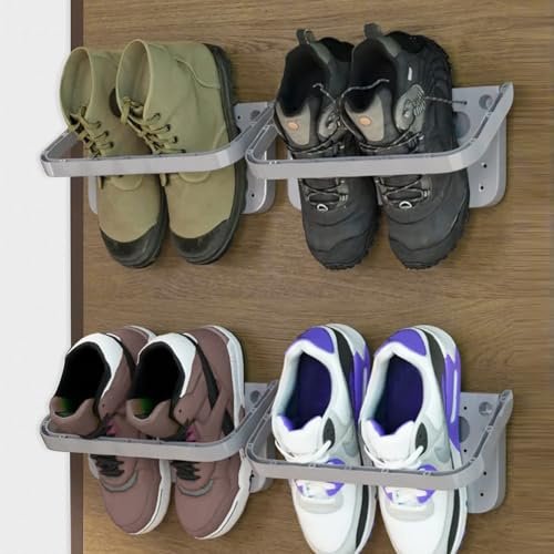 Lot de 4 étagères à chaussures murales pliantes pour rangement de chaussures, sans perçage, drainage, amovible, en plastique pour entrée, au-dessus de la porte, supporte jusqu'à 10 kg, gris