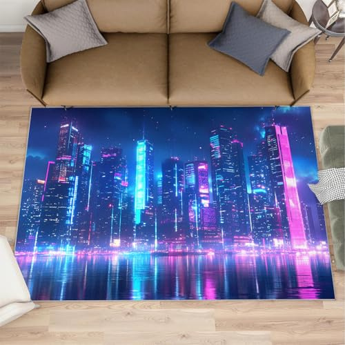 XEODIAT Neon City Nachtszenen-Teppich, 120 x 180 cm, Cyberpunk, maschinenwaschbar, Bodenteppich, Future Sci-Fi City, weiche und plüschige Matten für Wohnzimmer, Schlafzimmer