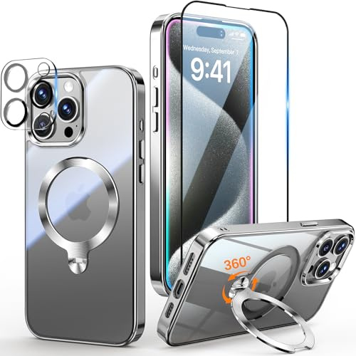 Yoouther 3 in 1 Magnetische Hülle für iPhone 15 Pro Max 6.7 [360° CD Unsichtbarer Drehständer für MagSafe] [Mit Stück Schutzfolie & Kameraschutz] [Nie Vergilbung] Militärschutz Stoßfest, Titan Natur