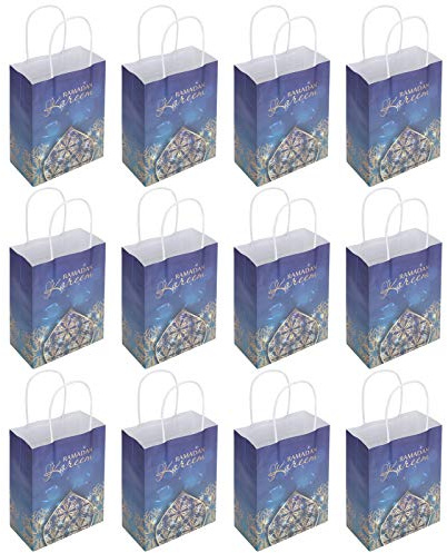 Baxnore Ramadan-Geschenktüten, umweltfreundliche Papiertragetaschen mit Seilgriff für Partygeschenke, Dekorationen, 12-teiliges Set, 20 x 15 x 8 cm (blaue Einkaufstasche)