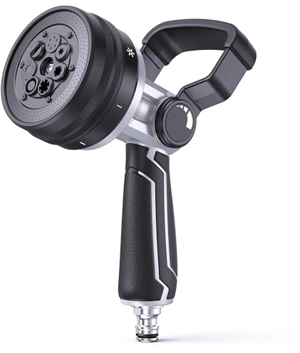 RAINPOINT Hose Pipe Spray Gun Metal, Heavy Duty Fireman Garden Hose Nozzle with 7 Patterns, Powerful Water Flow, High Pressure Hose Spray Gun for Watering Plants, Lawns, Cars and Pets Washing, Black