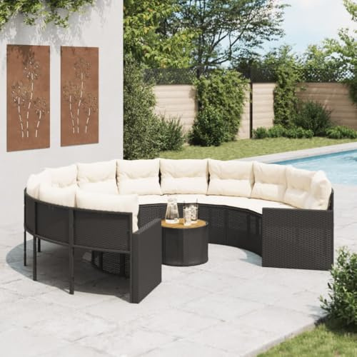 Ordellia Rundes Gartensofa mit Tisch und Kissen, Schwarz Poly-Rattan, 287 cm, UV-beständig, wetterfestes Lounge-Set für Terrasse
