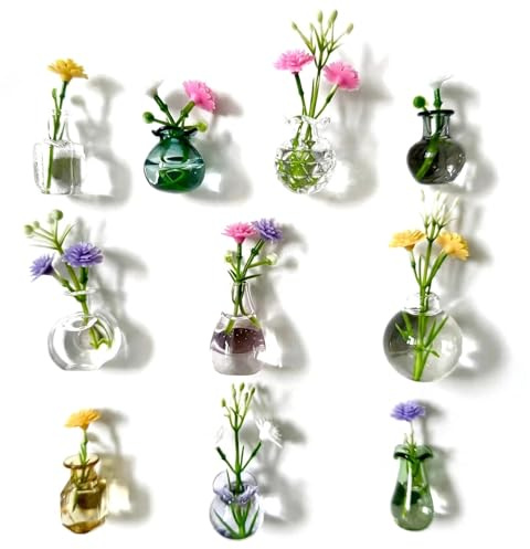 Mini Vase Magnets for Fridge, Set of 10 Magnetic Mini Vases with Artificial Flowers, Cute Refrigerator Magnets for Home Office Kitchen Decoration