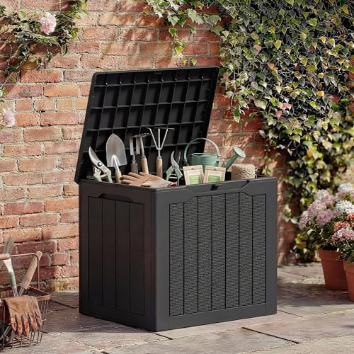 Amopatio 114L Garden Storage Box - Weatherproof Outdoor Plastic Deck Box with Lockable Lid & Carry Handles, Rattan Effect Compact Storage Container for Patio, Balcony, Toys & Parcels, Black