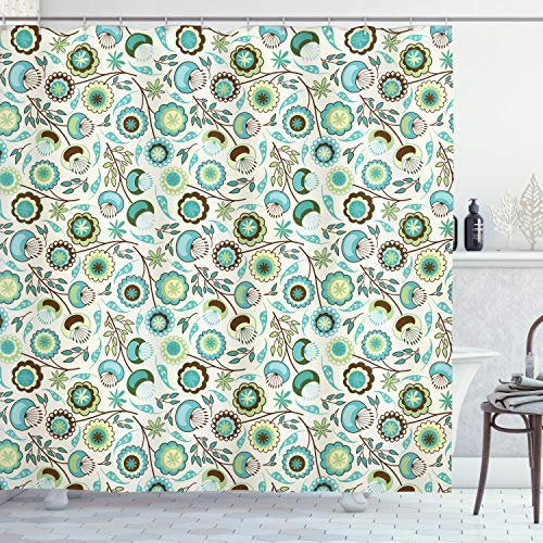 ABAKUHAUS Floral Duschvorhang, Pastel Natur, Stoffliches Gewebe Badezimmerdekorationsset mit Haken, 175 x 200 cm, Mintgrün Himmelblau