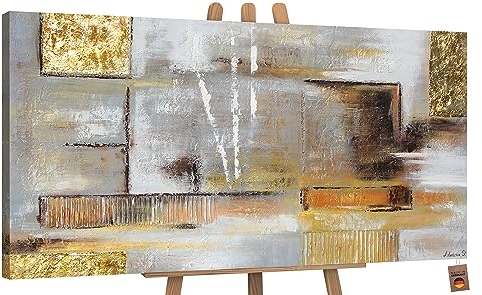 YS-Art Abstrakt Acryl Gemälde auf Leinwand goldene Abstraktion handgemalt Wandbilder Wohnzimmer modern Jugendstil Wohndekor Bilder Büro echte Kunst 120x60 cm