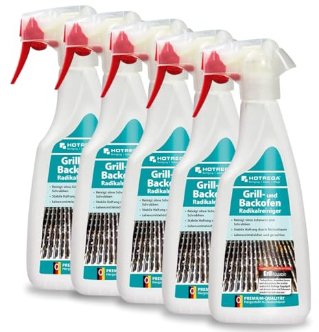 HOTREGA Grill & Backofen Radikalreiniger 5x 500ml | Kraftvoll gegen Fett | Beseitigt Eingebranntes an Mikrowelle + Kochfeld | Ideal für Glas, Edelstahl & Keramik | Phosphatfrei | Lebensmittelsicher