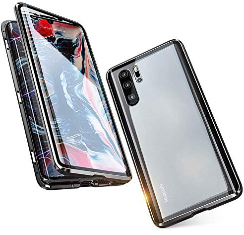 Colala Kompatibel Hülle Huawei P30 Pro Magnetische Adsorption Technologie Handyhülle Metallrahmen Transparent Gehärtetes Glas Schutzhülle Cover Case - Schwarz