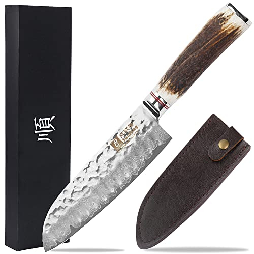 Sunlong Santoku 7 inch Pro Chef's Knives Japanese Damascus Steel Natural Antler Wooden Handle