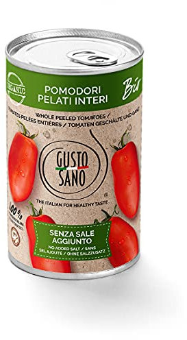 GUSTO SANO POMODORI PELATI INTERI 100% BIOLOGICI. – Senza Sale Aggiunto - Non OGM – Vegano - ideali per pizza, sughi e salse - 6 Conf. da 400 gr cadauna.