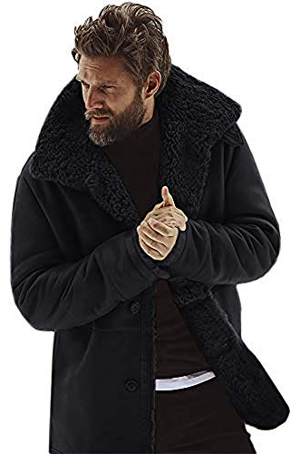WMOFC Herren Vintage-Schaffell-Lederjacke Shearling Kaschmir Faux Lammfell-Jacken-Kaschmir-Wolle-Schaffell-Mantel,03,XXXL