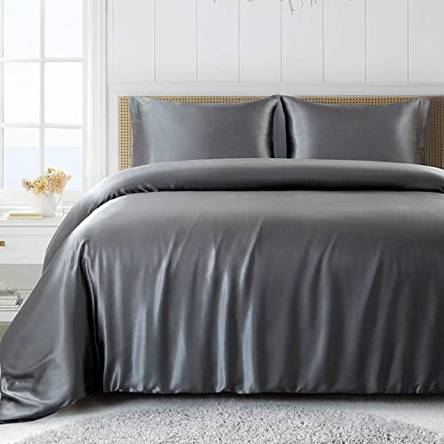 Lanqinglv Satin Bettwäsche Set 135x200 cm Dunkelgrau Grau Seide Glatt Glanzsatin Luxus Sommerbettwäsche Set Satin Polyester Uni Bettbezug mit Reißverschluss und 1 Kissenbezug 80x80cm