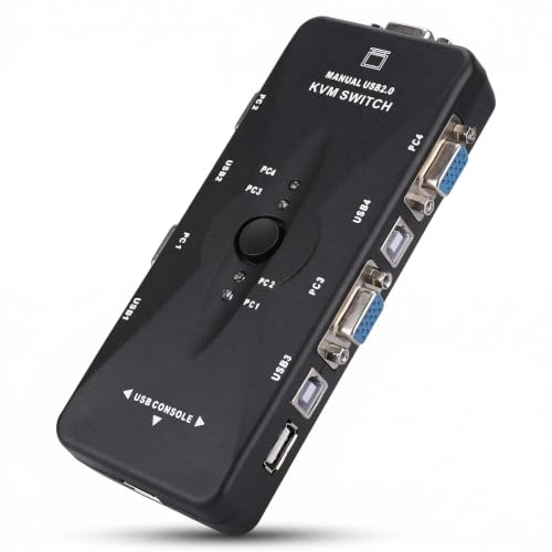 Topiky USB KVM Switch Box, 4 Puertos USB 2.0 KVM VGA/SVGA Monitor Hub Display Port Switch Selector para PC Teclado Ratón Conexión de TV