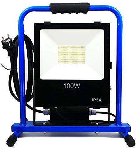 KELI - Projecteur de chantier LED 100W Professionnel Extérieur, Etanchéité IP54, 7500/15 000 Lumens, Multiprise 2 prises intégrées, Cable d'alimentation 3M H07RNF 3G1.5 (100 W)
