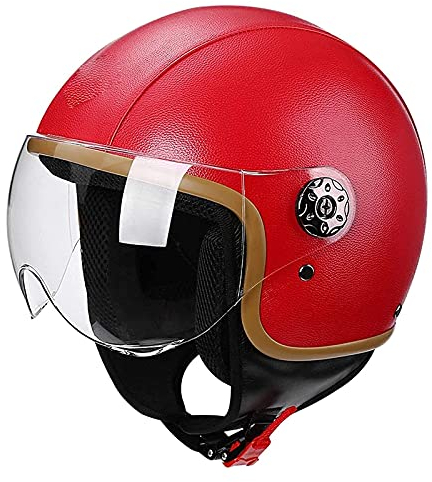 3/4 Unisex Open Face Motorradhelm Retro Motorradhelm Für Herren & Damen PU Leder Halbhelm DOT/ECE Approved Vintage Jet Helm Moped Roller Helm Mit Klappvisier,Rot,M